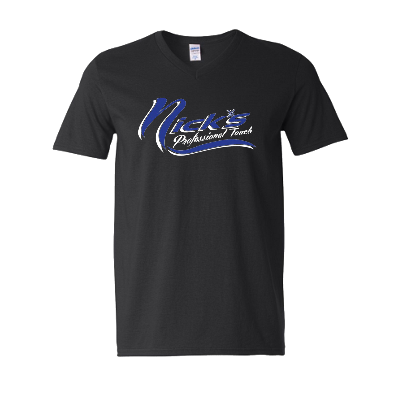 Nick's V Neck T-Shirts (Black Shirt/Blue Design)