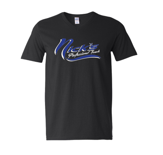 Nick's V Neck T-Shirts (Black Shirt/Blue Design)