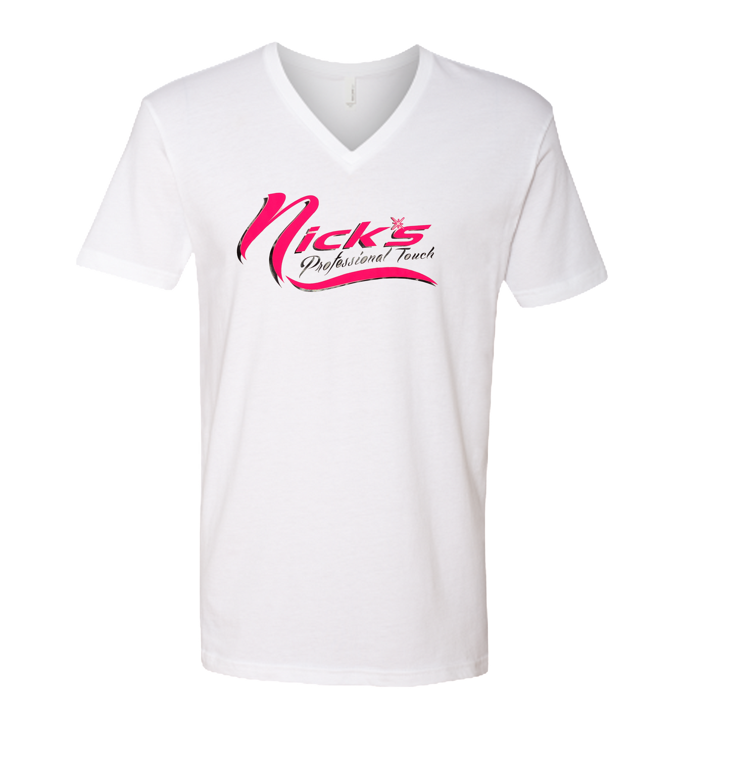 Nick's V Neck T-Shirts (White Shirt/Pink Design)
