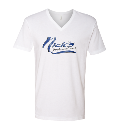 Nick's V Neck T-Shirts (White Shirt/Blue Design)