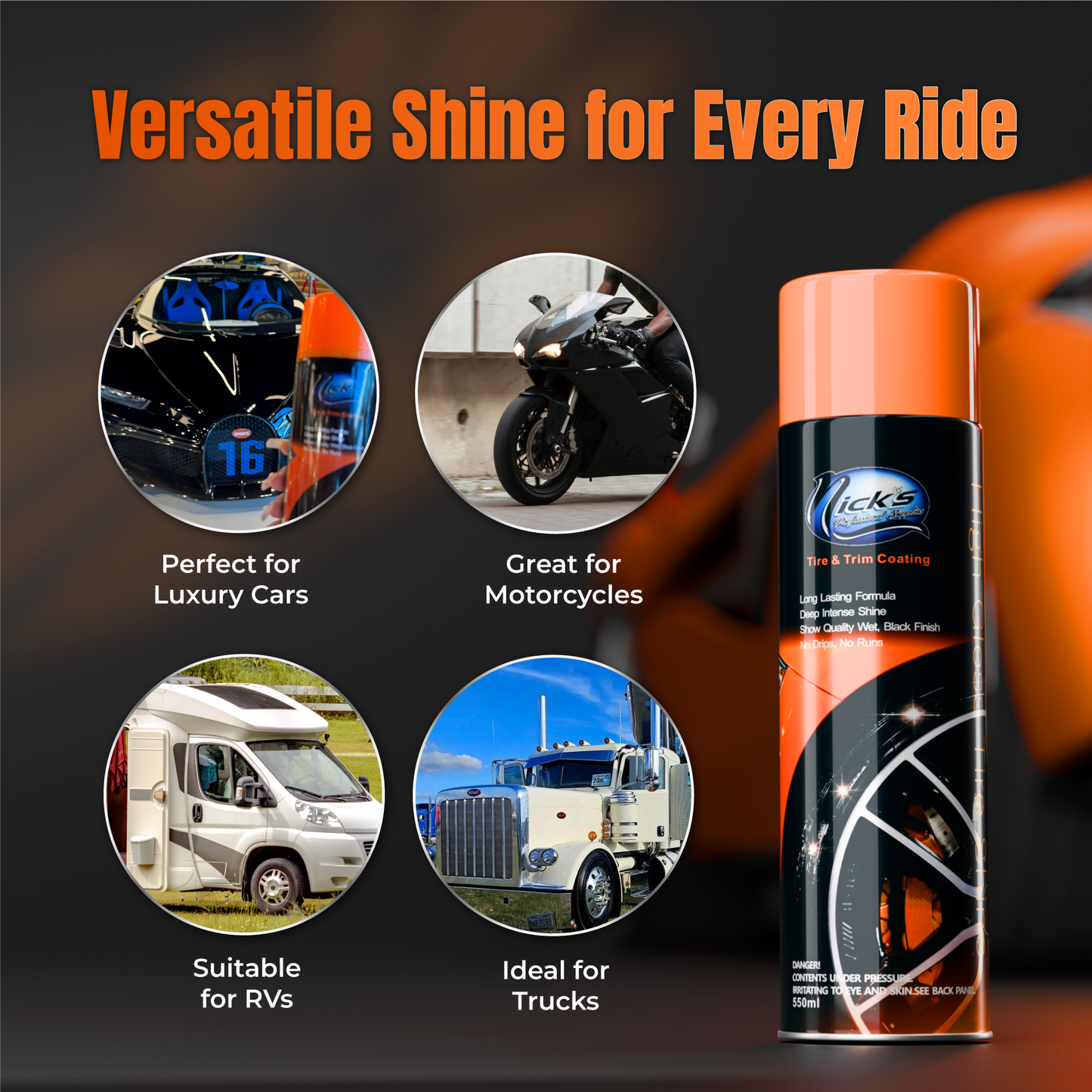  Customer reviews: Nick's Professional Supplies High Gloss  Tire Shine - Long Lasting Tire Care - Your Ultimate Wet Tire Shine Spray  for a Black Finish Shine on Ceramic Coating for Cars